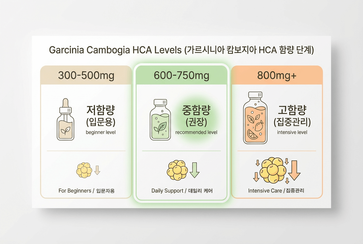 가르시니아 HCA 함량별 제품 비교 인포그래픽. 300mg, 750mg, 1000mg 3단계 시각화.