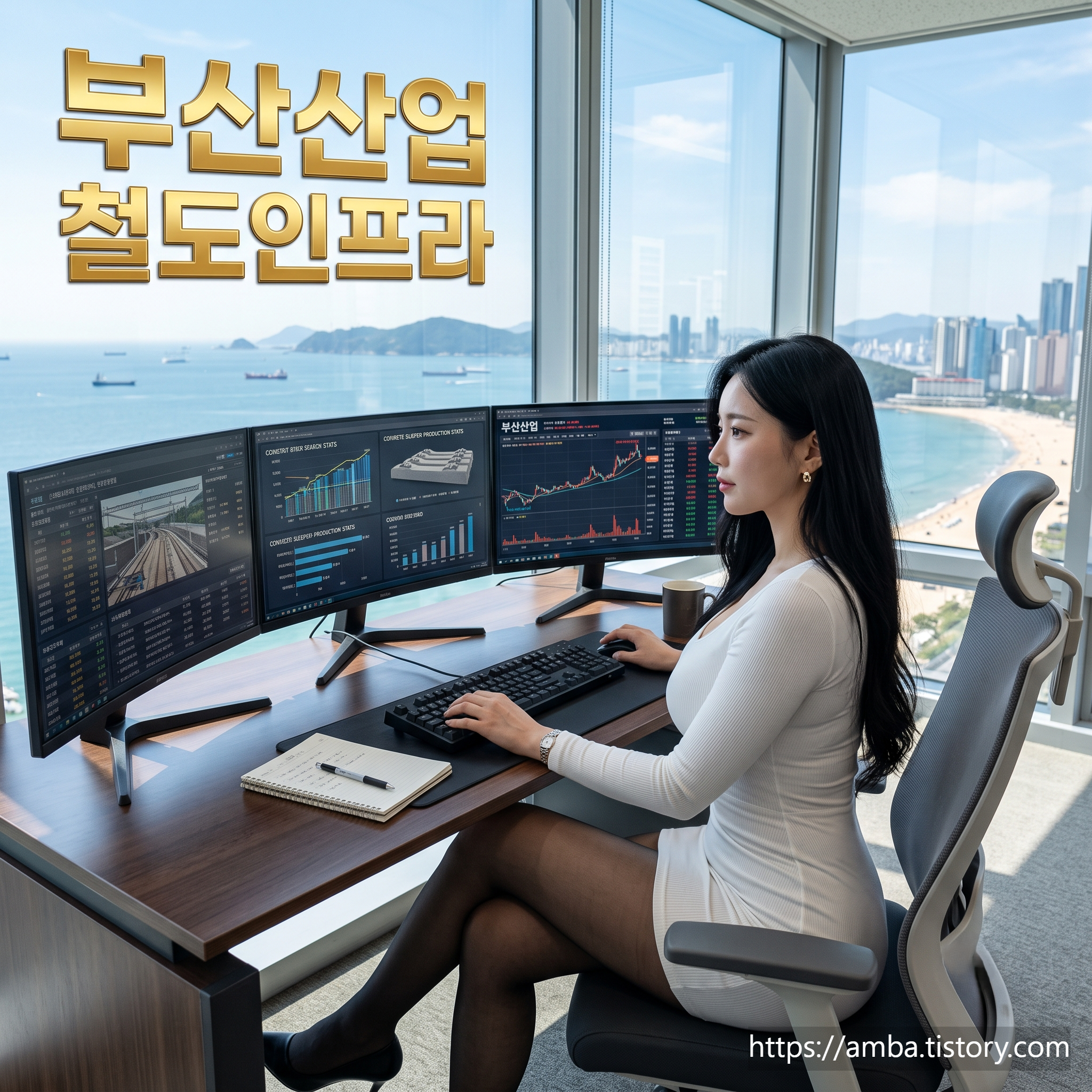 부산산업 철도인프라의 데이터를 분석하고 있는 여성 전문가