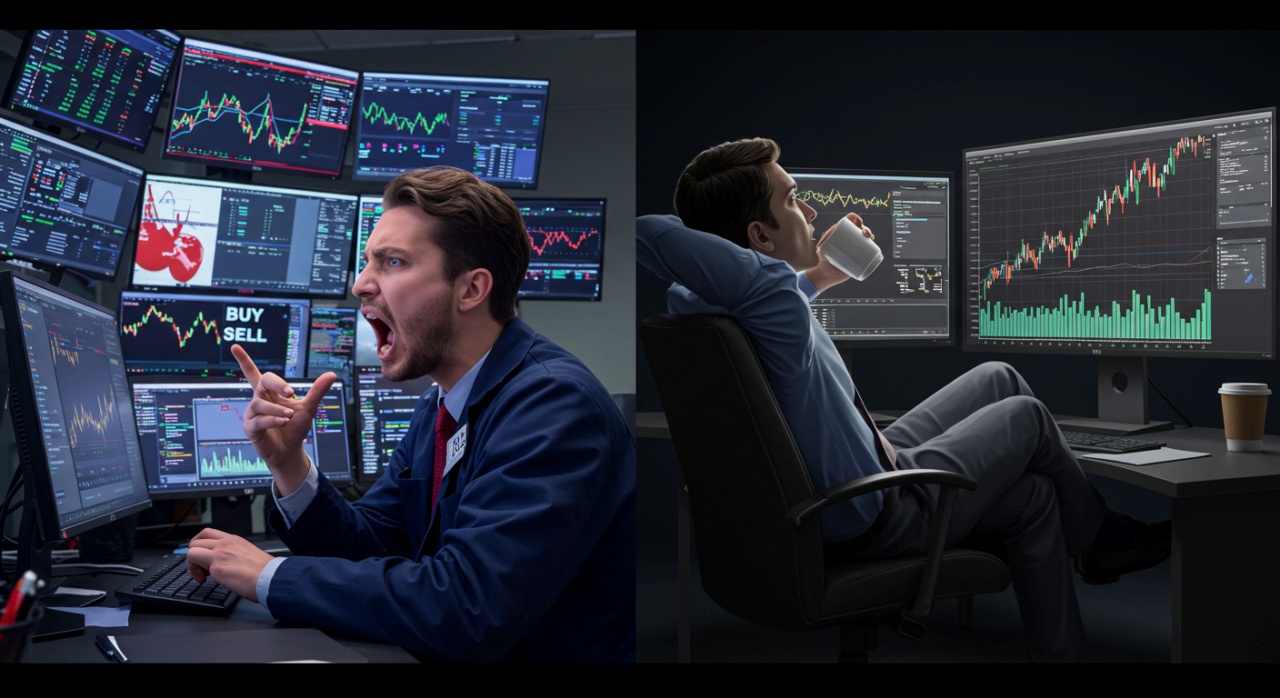 급박하게 매수와 매도를 반복하는 중개인과 여유롭게 차트를 보는 투자자