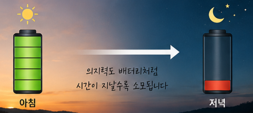 아침에는 가득 차 있다가 저녁이 되면 방전되는 배터리 일러스트 이미지