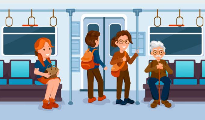 노인이 타고있는 지하철 안 내부
