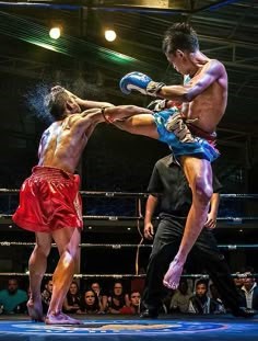 격투기-링안에서-파란색-반바지를-입은-선수가-날라차기로-붉은색-반바지를-입은-선수의-머리를-가격하는-모습