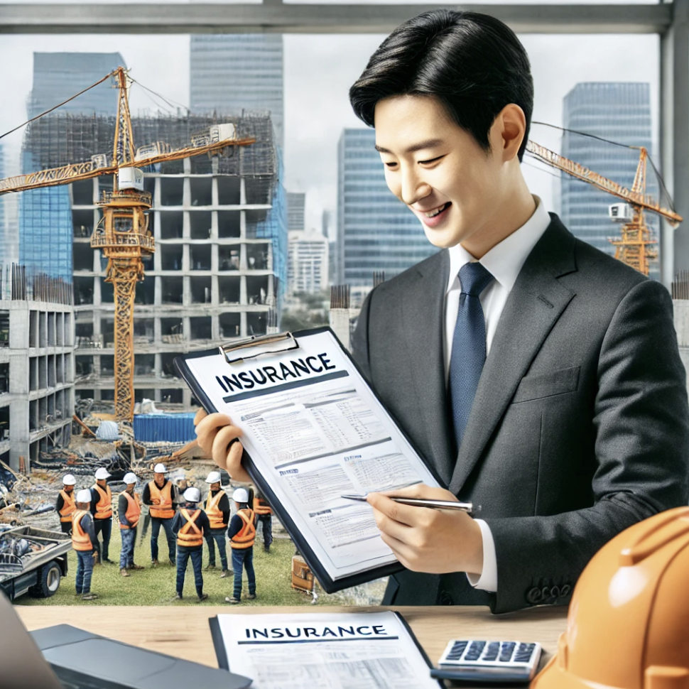 건설 현장에서 건설 관리자가 보험 서류를 검토하는 모습.