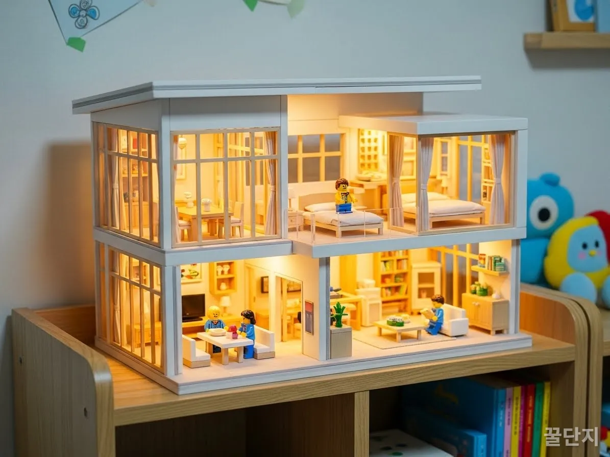 완성된 2층 미니어처 하우스에 조명이 켜진 모습과 역할 놀이 중인 피규어들