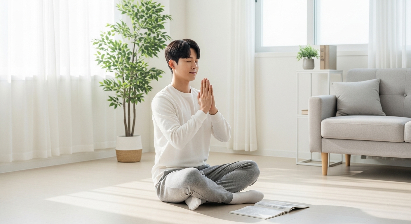 스트레스 해소를 위해 명상 중인 젊은 한국 남성