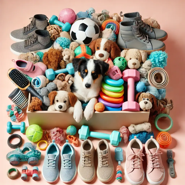 강아지가 모아둔 장난감과 신발, 정돈된 모습의 물건 더미