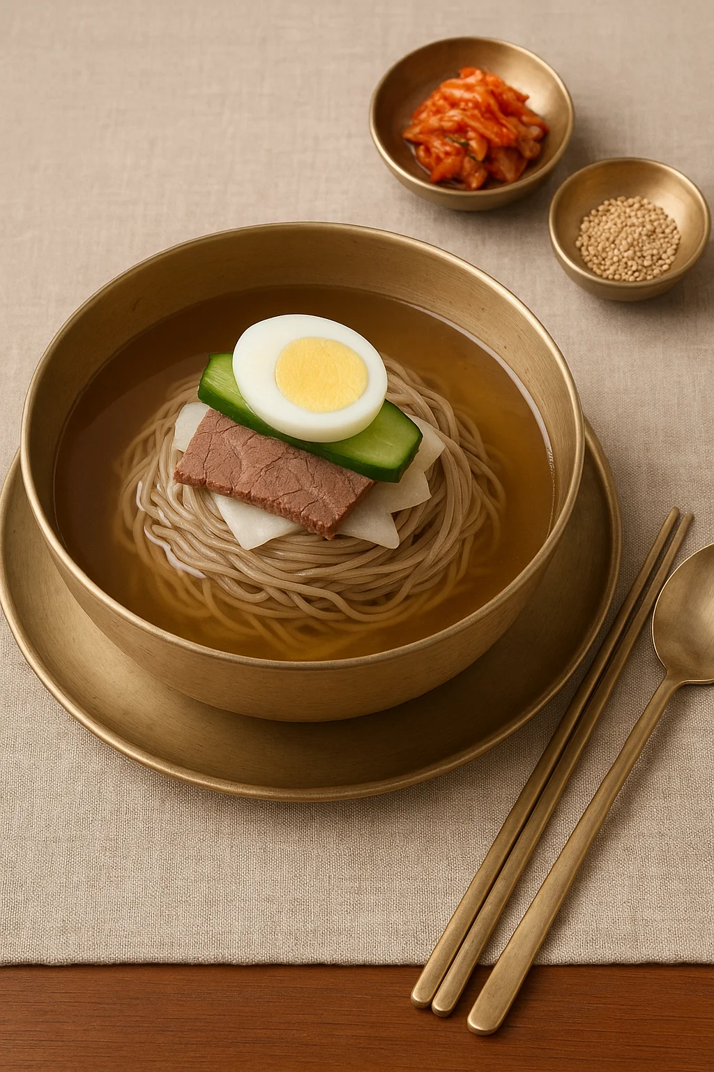 전통 식기 위에 정갈하게 담긴 평양냉면 스타일 음식 사진