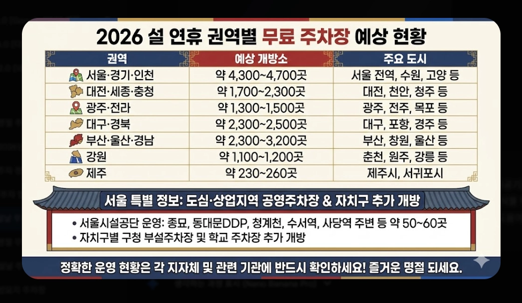 설날 무료주차장(2026 설날, 개방 기간, 전국 권역별)(+ 이용 꿀팁)