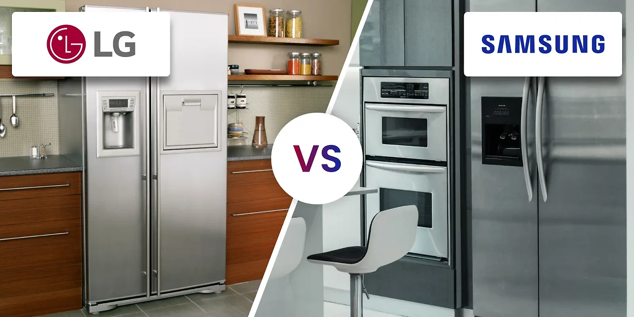 현대식 주방에서 삼성과 LG 냉장고를 비교하여 각 제품의 기능과 디자인을 보여줍니다.