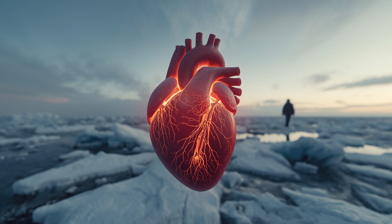 Greenland Arctic landscape overlaid with a glowing healthy heart illustration depicting the discovery of Omega-3