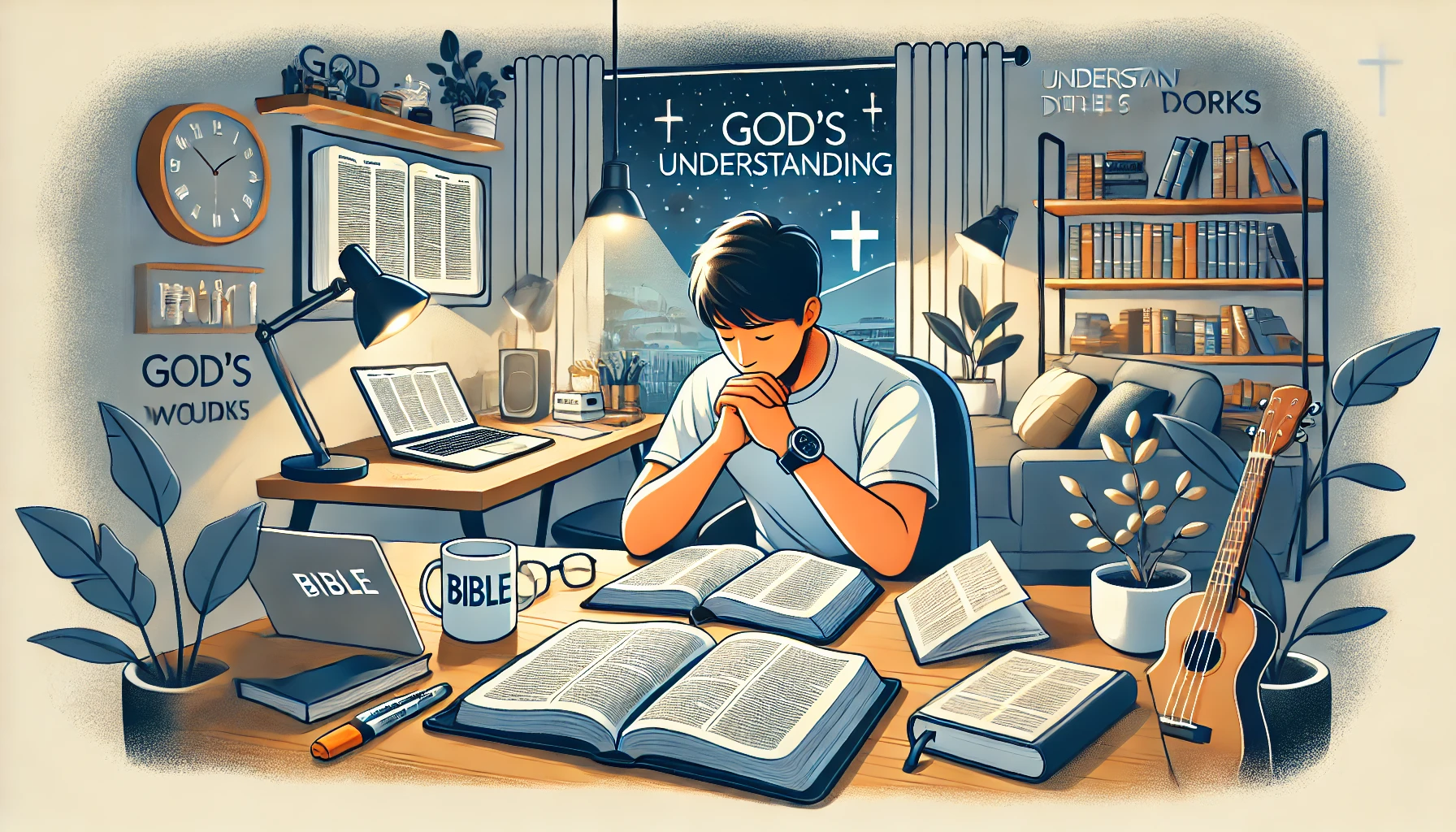 Here is the illustration showing a modern person dedicating time and focus to Bible study, aiming to understand God's works. The scenes depict the person deeply engrossed in studying the Bible in a designated study space free from distractions. The environment includes study materials such as notebooks, highlighters, and a peaceful atmosphere conducive to concentration. The person is shown reading, taking notes, and praying for understanding, reflecting dedication and a sincere desire to know God's deeds, conveying commitment, focus, and spiritual growth.