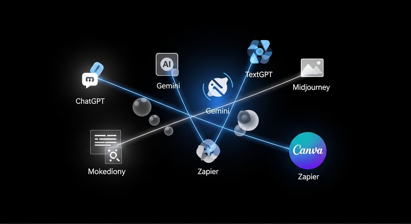 다양한 생성형 AI 툴 아이콘들이 서로 연결되어 효율적인 업무 자동화 생태계를 이루는 모습