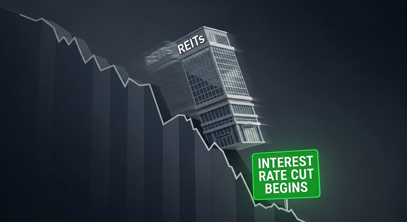 리츠 ETF를 상징하는 건물 다이어그램이 주식 그래프 아래로 떨어지고 있고, 그 밑에 '금리 인하 시작'이라는 팻말이 놓여 있어 반등 시점을 예고함