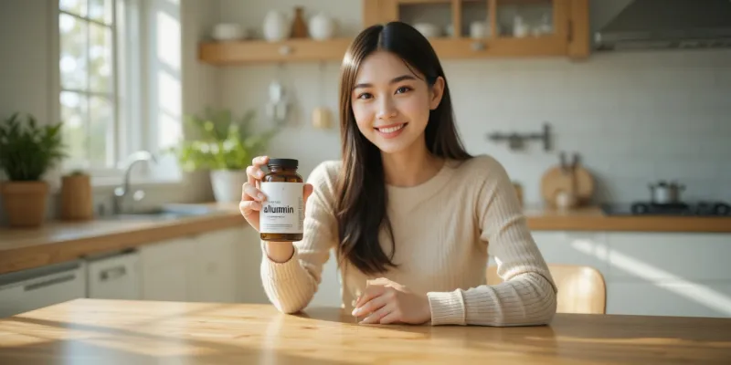 먹는 알부민 영양제를 손에 들고 밝게 미소 짓는 모습