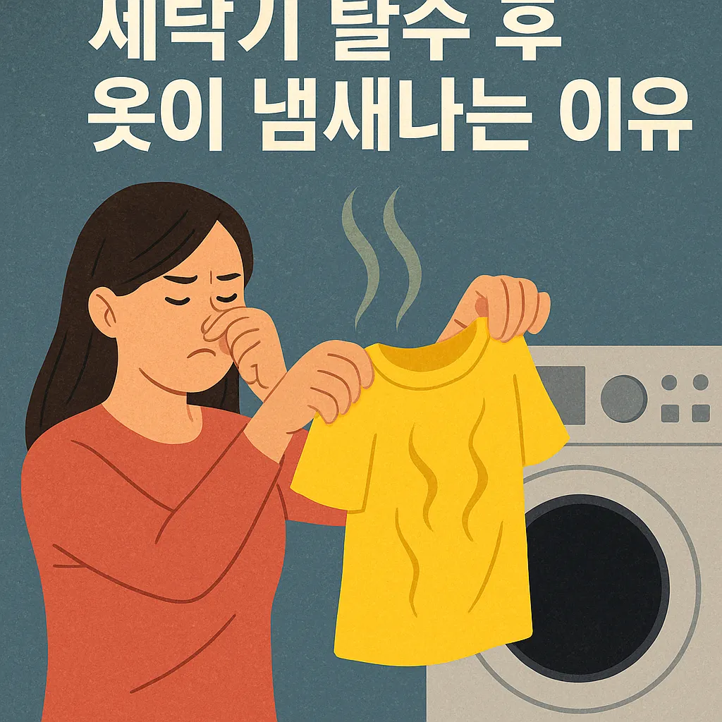 세탁기-탈수-후-옷에서-냄새가-나는-상황을-묘사한-여성의-일러스트-이미지
