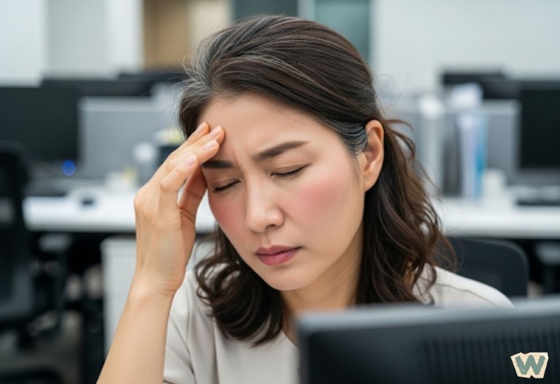 갱년기 건망증으로 인한 업무 스트레스를 받고 있는 중년 직장여성이 사무실에서 머리를 감싸며 고민하는 모습 via canva