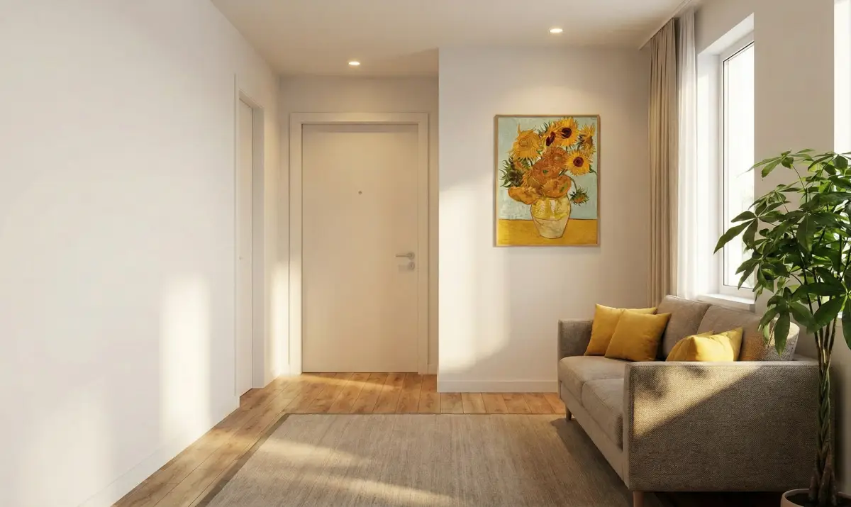 햇살이 잘 들어오는 거실에 잎이 둥근 관엽식물과 노란색 쿠션이 있는 소파