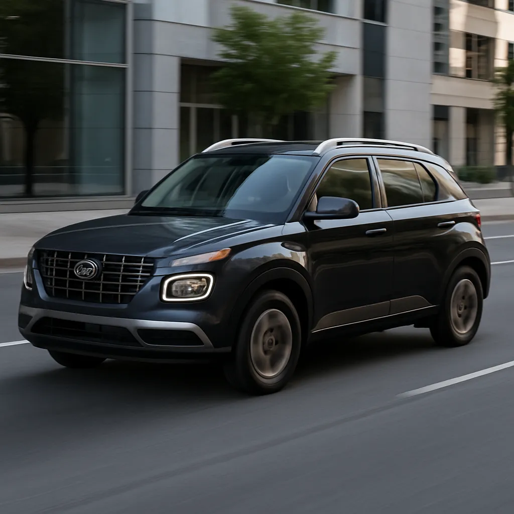 도심 도로를 주행 중인 현대 베뉴의 측면 모습