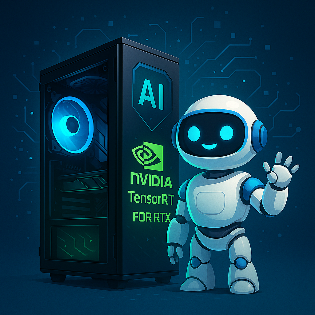 NVIDIA TensorRT로 강화된 AI PC와 미래지향적 로봇 캐릭터가 함께 있는 네온 테크 스타일 일러스트