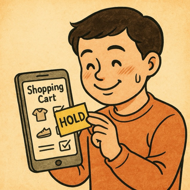 쇼핑몰 장바구니를 보며 ‘보류’ 스티커를 붙이고 미소 짓는 1인가구