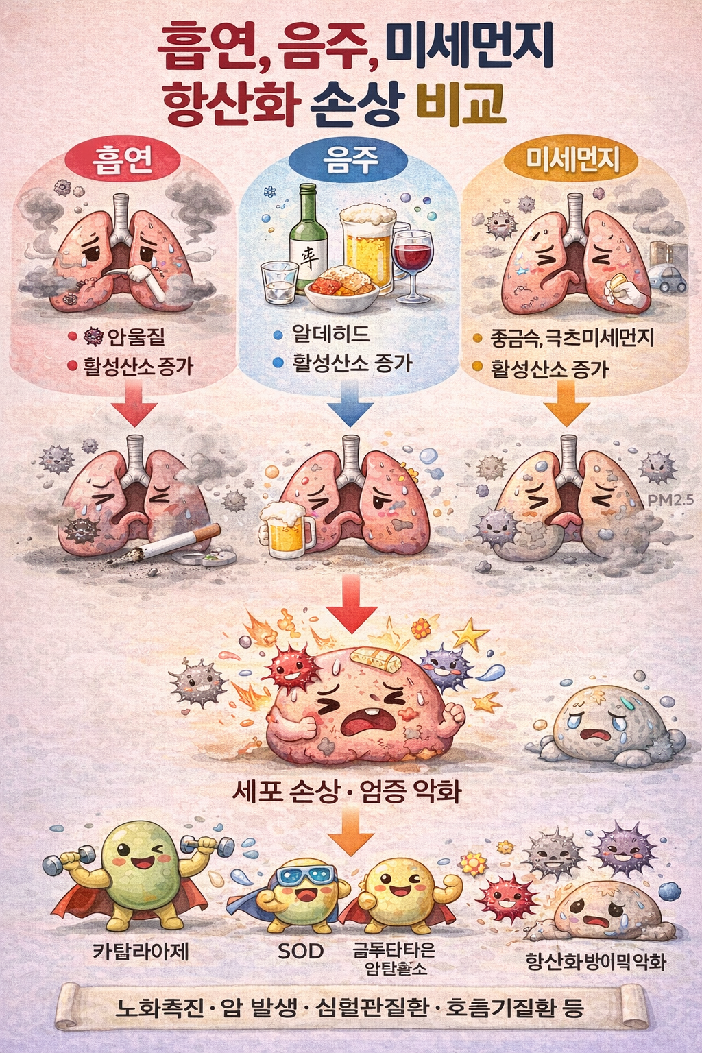 연 음주 미세먼지 항산화력 파괴 비교 — 글루타치온 고갈 산화 스트레스 증가 경로