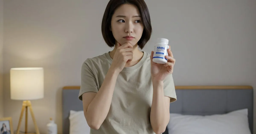 방안에서 NMN영양제를 들고 고민을 하고 있는 여성 이미지