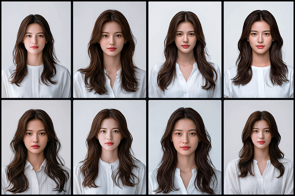 인물 설계 실험, 문장형, 순수하고 차분한 분위기의 감성 키워드를 포함하여 생성한 한국 여성 모델의 프로필 포트레이트 모음_Midjourney