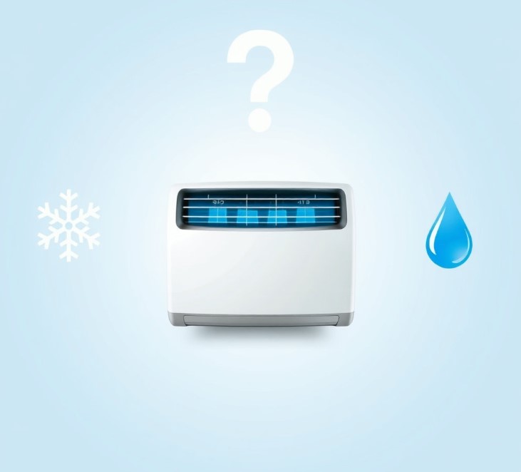에어컨이 있고, 냉방과 제습을 상징하는 이미지가 있습니다.