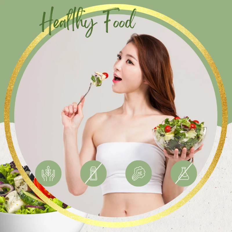 건강한 샐러드를 먹으며 즐거워하는 젊은 여성의 모습