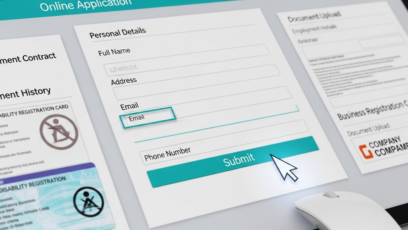 온라인으로 중증장애인 고용 개선 장려금을 신청하는 화면과 필요한 서류들이 놓여있는 모습.