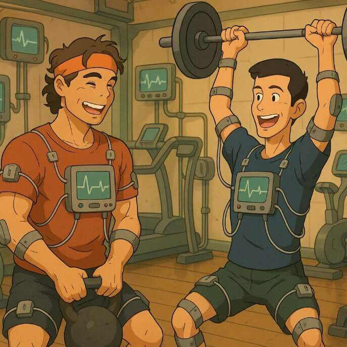 피트니스 혁명의 대명사 나달과 조코비치가 피트니스센타에서 ai장비를 차고 운동하는 지브리 스타일 그림