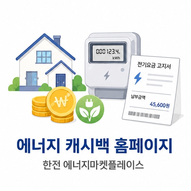 주택과 전기계량기, 요금 고지서를 배치해 에너지 캐시백 홈페이지가 한전 에너지마켓플레이스에서 운영된다는 내용을 표현한 대표 이미지