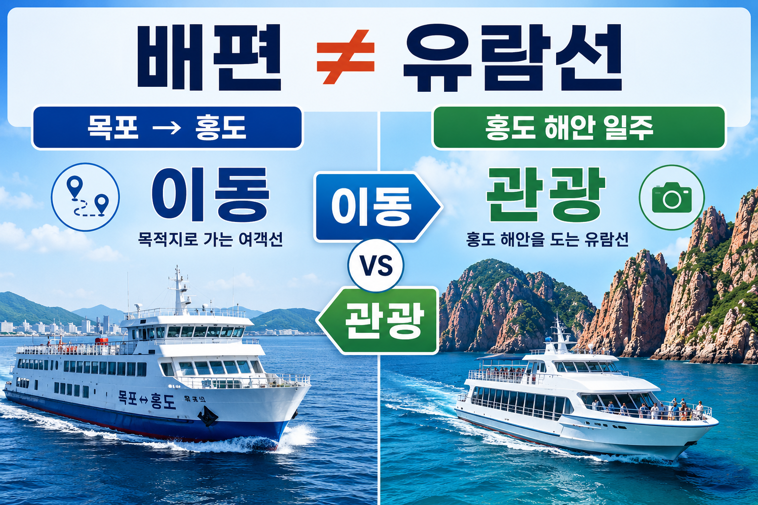 목포 홍도 배편과 홍도 관광 유람선의 차이를 비교한 이미지