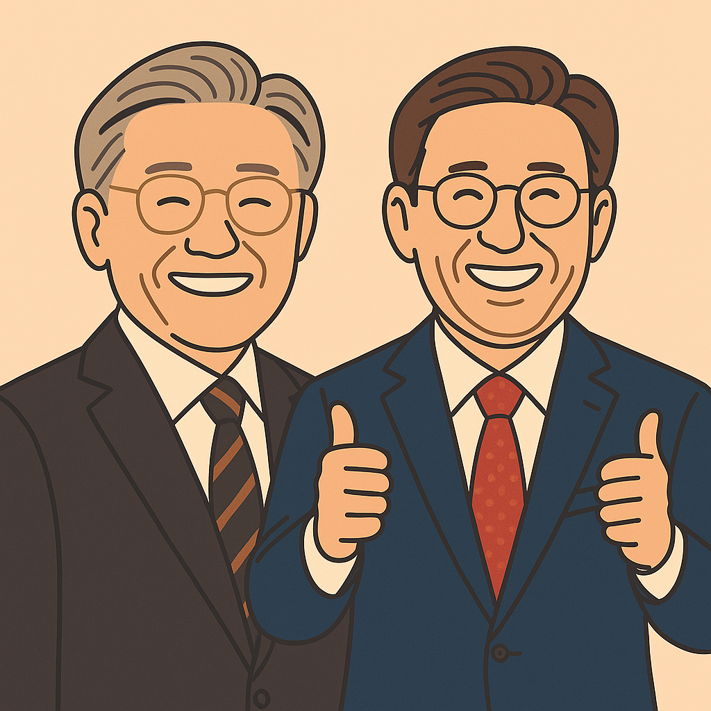 부드러운 베이지 배경 위에 두 명의 중년 남성이 나란히 서 있어요. 왼쪽은 진한 갈색 정장에 주황색 줄무늬 넥타이를 매고, 오른쪽은 네이비 정장에 빨간 도트 넥타이를 맨 모습으로, 두 사람 모두 원형 금테 안경을 쓰고 환하게 미소 짓고 있습니다.