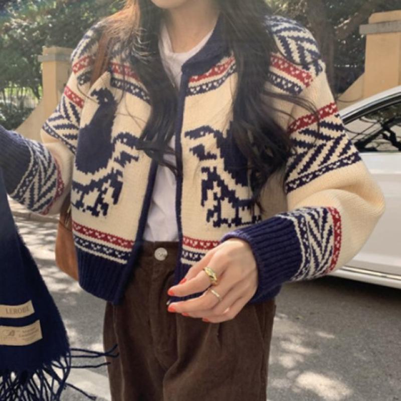 크롭 집업 가디건 겨울 카라 배색 니트 울 노르딕 자카드 크롭 숏 포인트 패턴 베이직 TS183