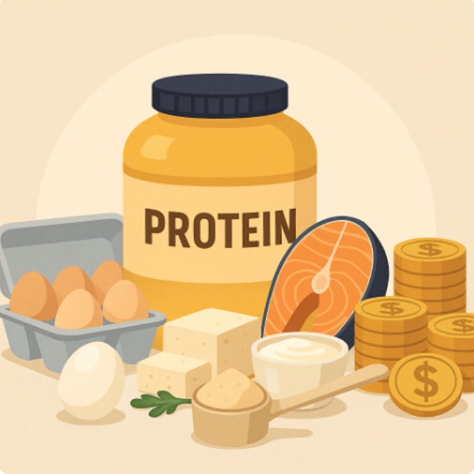 단백질 보충제 통, 달걀, 두부, 연어, 그릭요거트와 단백질 스쿱, 그리고 동전 더미가 함께 배치된 플랫 스타일 인포그래픽.