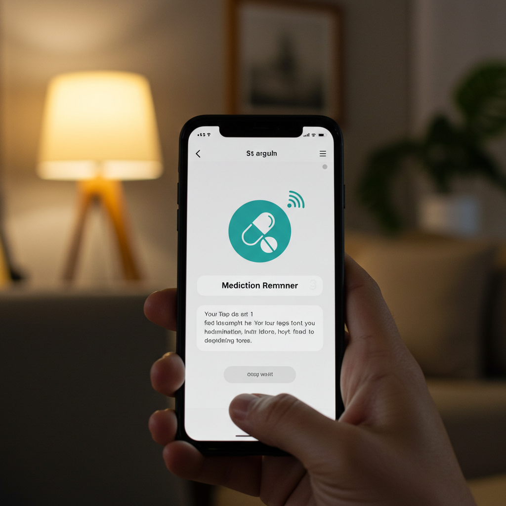 "아늑한 거실을 배경으로, 약과 종 모양 아이콘으로 약 먹을 시간임을 알려주는 알림이 떠 있는 스마트폰 화면의 클로즈업"