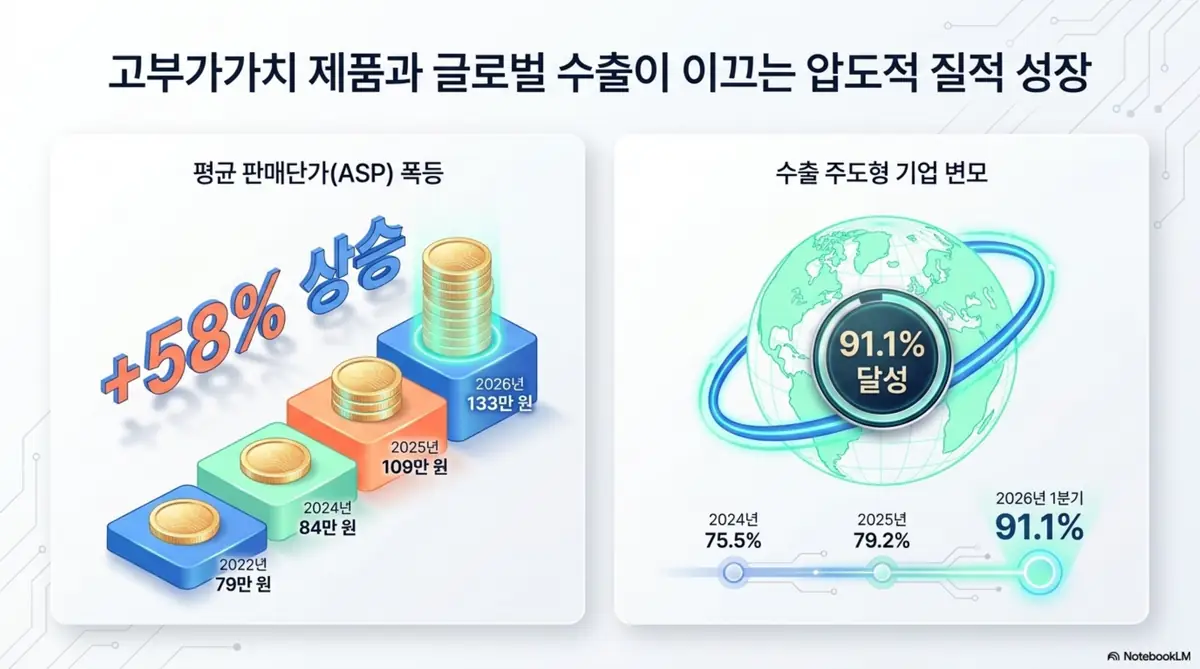 티엘비 주가 전망: 티엘비의 질적 성장을 보여주는 인포그래픽으로, 평균 판매단가가 2022년 79만 원에서 2026년 133만 원으로 약 58% 상승한 추이와 수출 비중이 2026년 1분기 91.1%까지 오른 변화를 담았습니다. 고부가가치 제품과 글로벌 수출이 주가를 끌어올린 구조를 시각화하며, 블로그의 티엘비 사업 구조 분석과 연결됩니다.