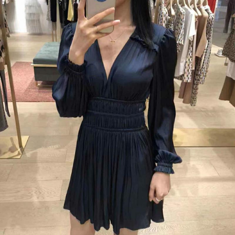 마제 퍼프소매 셔링 실크 브이넥 플레어 미니 원피스