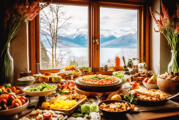 식탁 위에 다양한 음식들이 가득하다. 과일들, 샐러드, 파이, 스튜 등이 있다.
