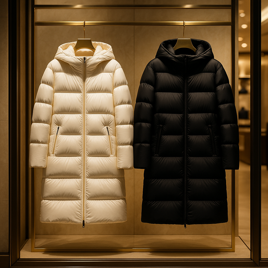 쇼윈도우에 걸린 흰색 검정색 몽클레어 롱패딩