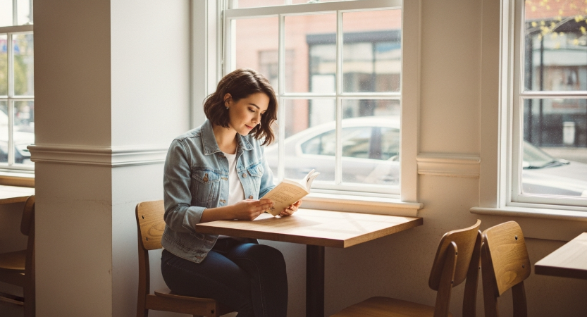 깔끔한 캐주얼 룩을 입고 카페에서 책을 읽는 모습, 자연광이 들어오는 화이트톤 인테리어