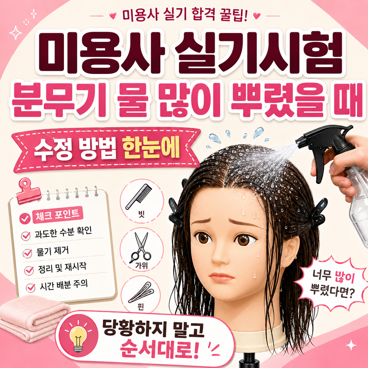 미용사 실기시험 분무기 물을 너무 많이 뿌렸을때 설명 이미지