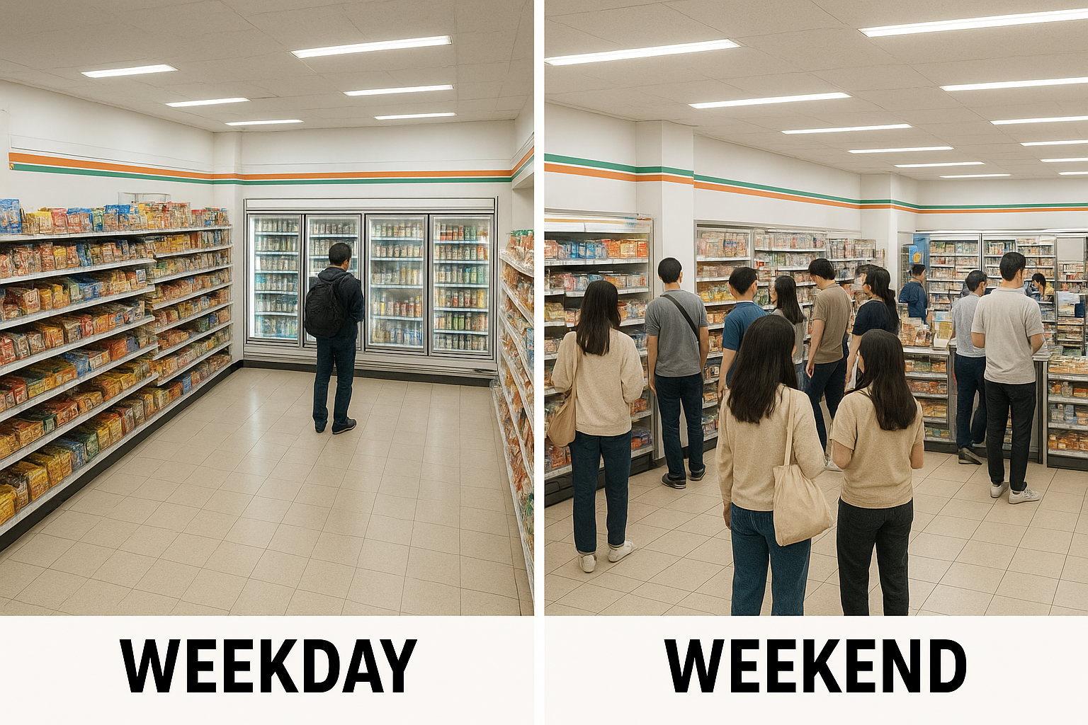 주말과 평일의 차이를 나타내는 편의점입니다