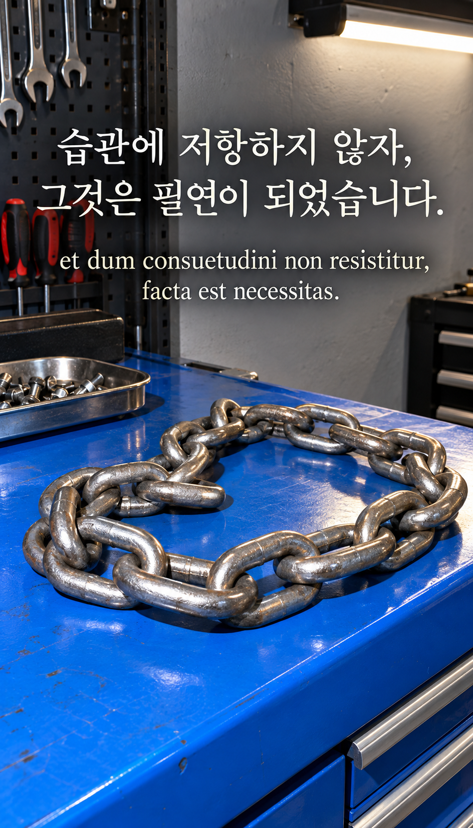 습관에 저항하지 않자, 그것은 필연이 되었습니다. &mdash; 현대 작업실의 강철 사슬, 사실적인 현대 사진&middot;플래시 스냅샷