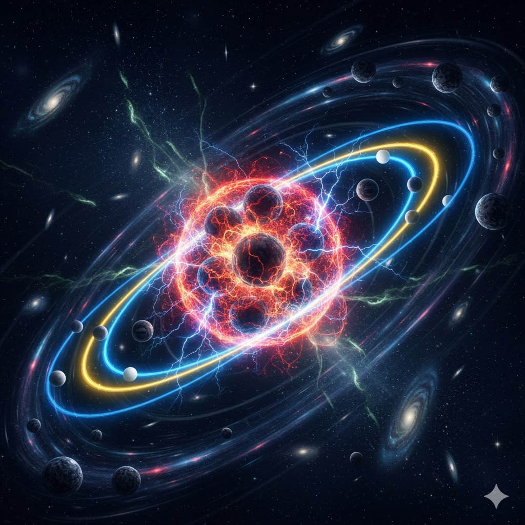 거대한 은하의 궤도를 유지하는 중력부터 원자핵을 결합하는 강력과 약력, 그리고 전자기력을 하나의 우주적 흐름으로 시각화한 일러스트