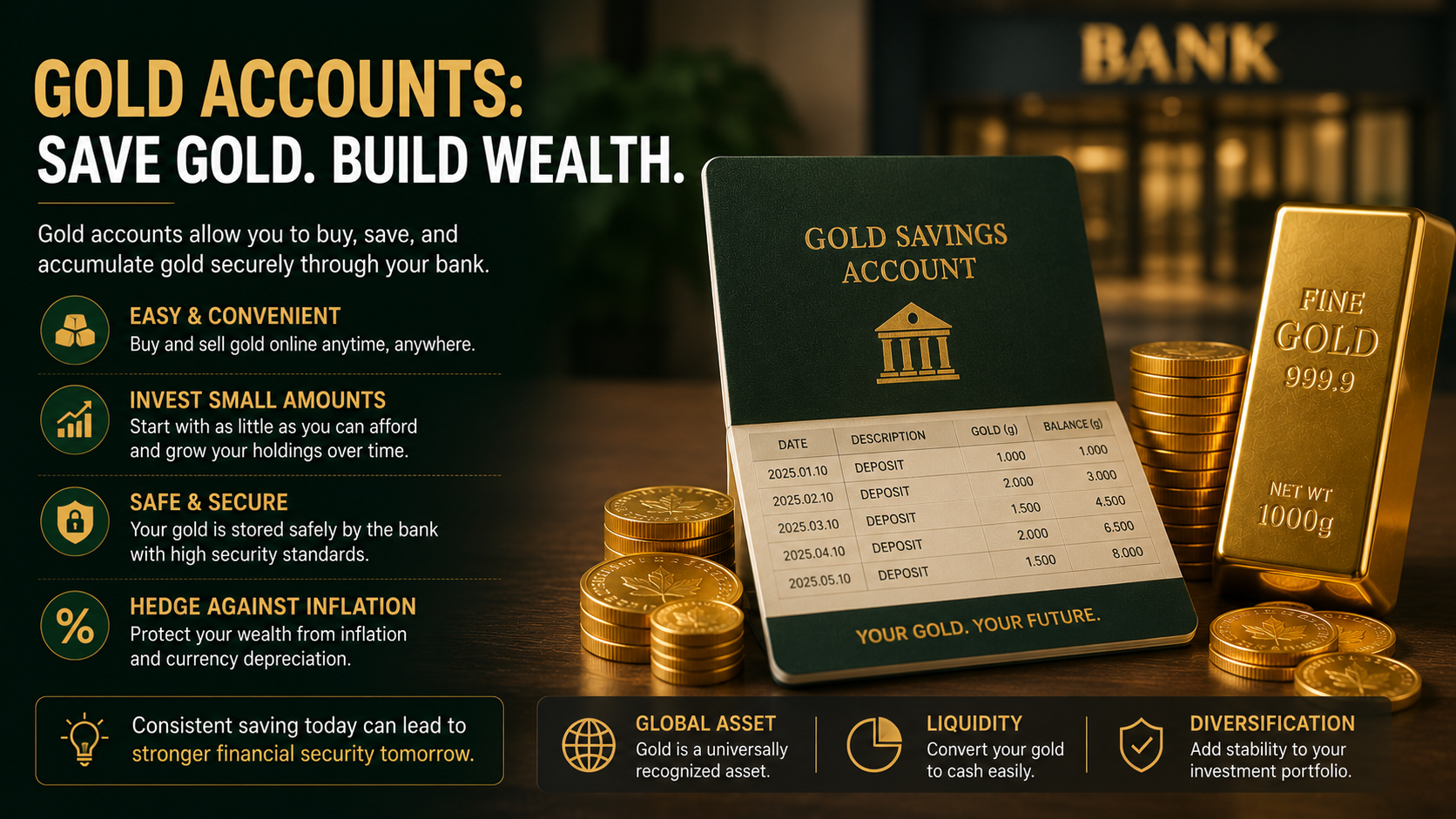 Gold savings account, gold bullion, and coins representing steady wealth building and portfolio diversification through gold investments.
