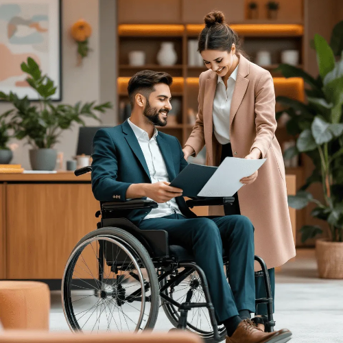 휠체어를-탄-장애인과-그에게-웃으며-서류를-보여주는-여성