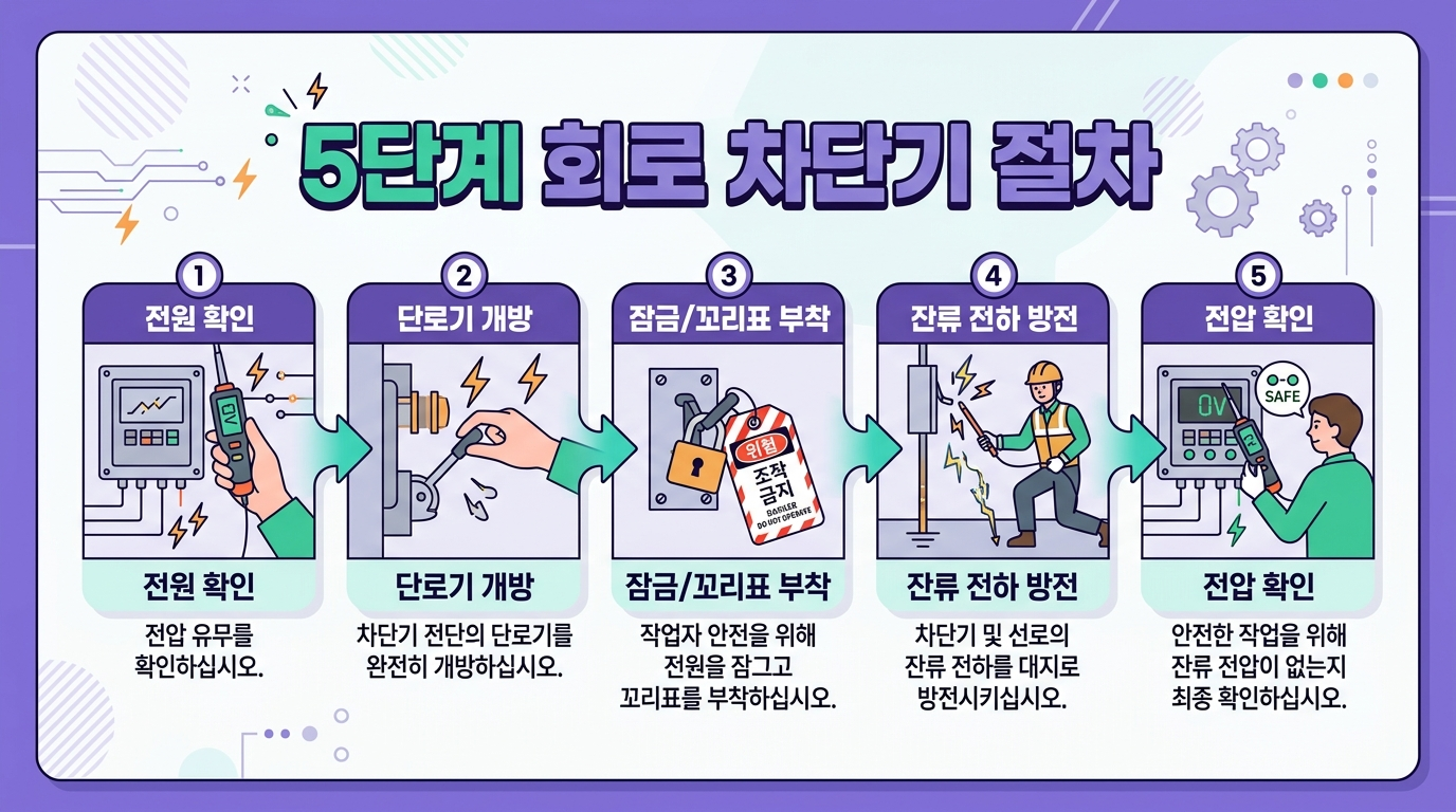 전로 차단 절차 5단계를 보여주는 프로세스 인포그래픽