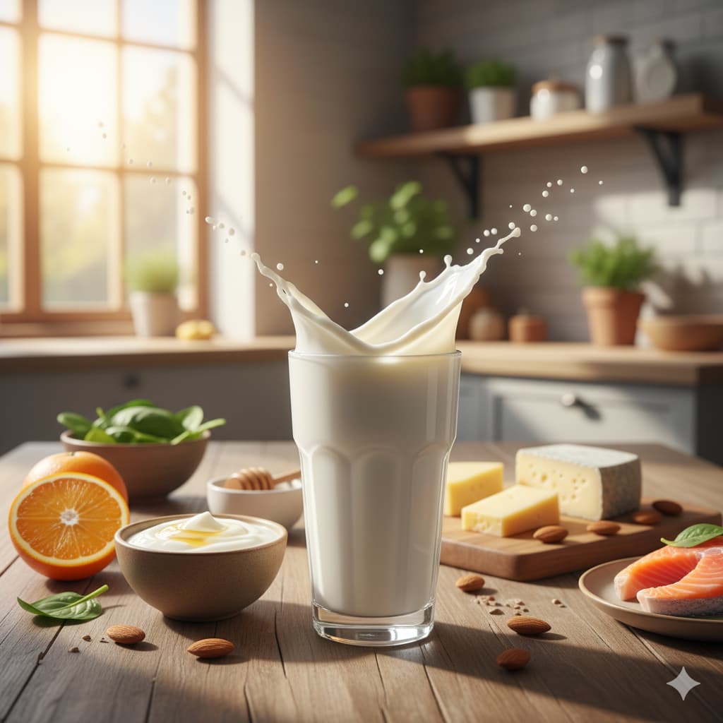 신선한 우유와 유제품이 놓인 깨끗한 식탁